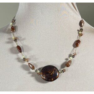 Copper Tone Wire Pearlescent Disc Stone Beaded Necklace Artisan Boho